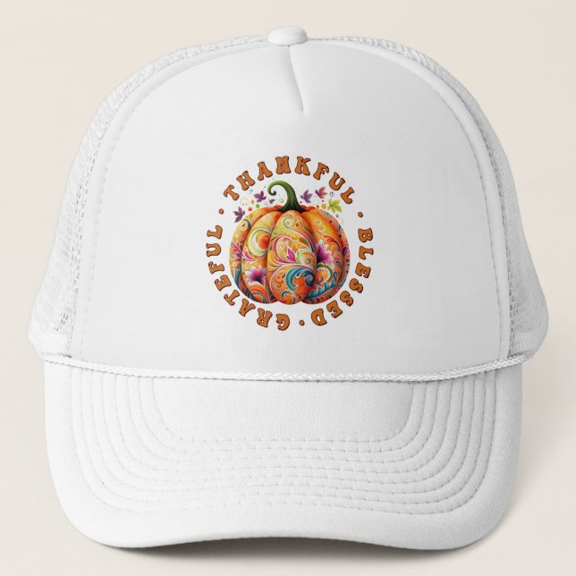 Boné Feliz, Abençoado, Grata Pumpkin Floral (Frente)