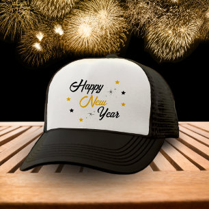 Boné Feliz ano novo branco preto e Dourado