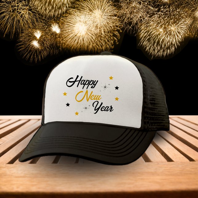 Boné Feliz ano novo branco preto e Dourado (White Black & Gold Happy New Year Trucker Hat)
