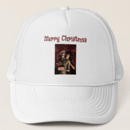 Boné Feliz Natal. Esqueleto engraçado com mulher
