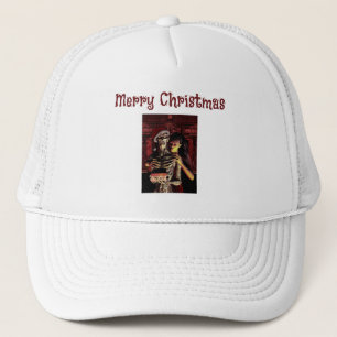 Boné Feliz Natal. Esqueleto engraçado com mulher