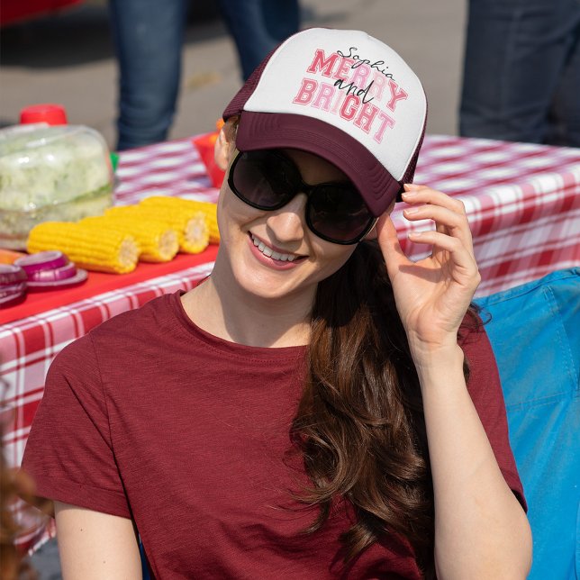 Boné Feliz Rosa E Tipografia Brilhante Natal (Criador carregado)