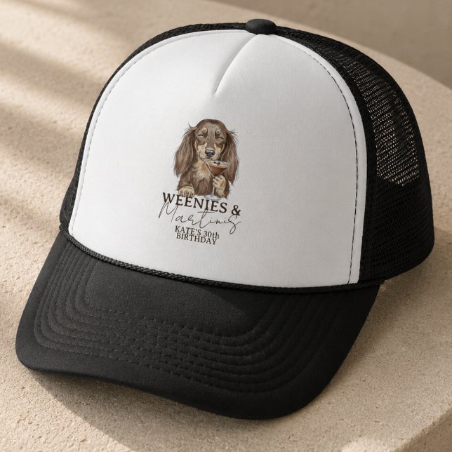 Boné Festa de Dachshund Weenies e Martinis (Dachshund Weenies and Martinis Party Trucker Hat)