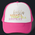 Boné Fim do Favor de Bachelorette Fiesta Personalizável<br><div class="desc">Celebre sua Bachelorette com uma Festa Final! Este personalizável chapéu de caminhoneiro é um favor do excelente para todos os convidados de uma fiesta de solteira épica! O gráfico "Fiesta siesta tequila repete" é colorido e brilhante com a tipografia moderna, então pode ser usado em qualquer cor, mas o fundo...</div>
