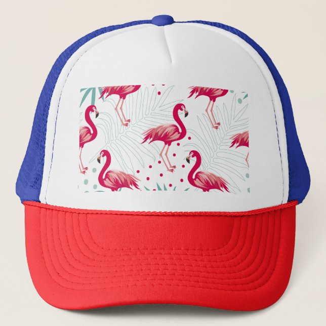 Boné Flamingo tropical e folhas, padrão de verão. (Frente)