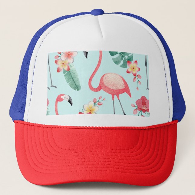 Boné Flamingos Flores Tropicais Padrão de Aquarela (Frente)