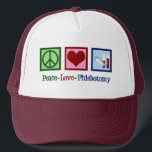 Boné Flebotomista de Paz e Amor Flebotomista<br><div class="desc">Um chapéu flebotomista bonito com um sinal de paz,  coração e frascos de sangue. Presente de Phlebotomy do Peace Love.</div>