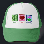 Boné Flor de Tulipas para Jardinagem de Paz<br><div class="desc">Um belo presente de jardinagem para um jardineiro que adora plantar flores no jardim num dia bonito e ensolarado. PEACE LOVE GARDENING apresenta um sinal verde de paz, coração vermelho e uma pá no solo perto de uma bonito tulipa.</div>