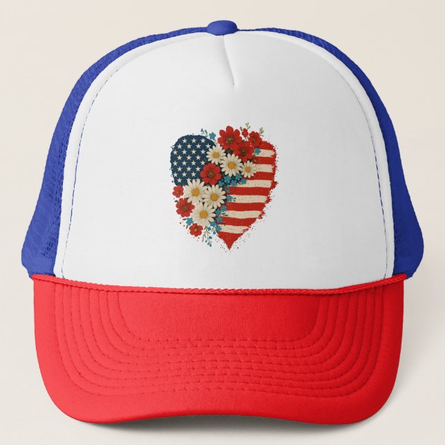 Boné Floral American Flag Heart 4 de julho EUA (Frente)
