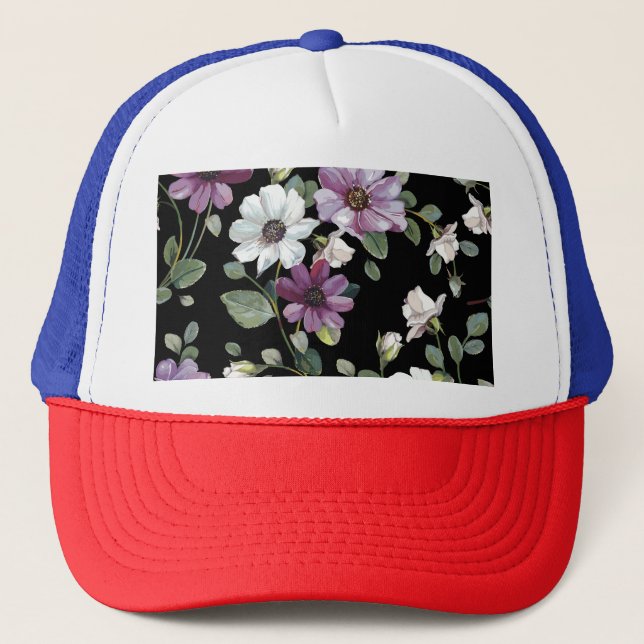 Boné Flores Elegantes Cosmos: Sem Costura De Aquarela. (Frente)
