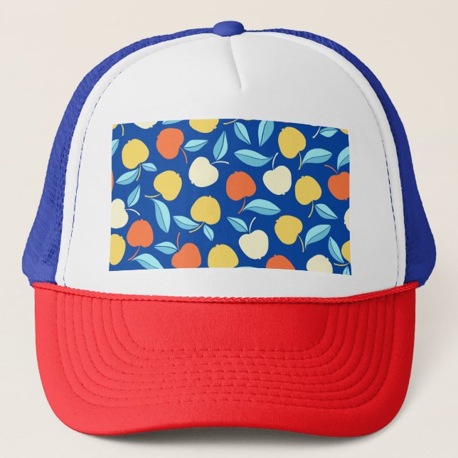 Boné Folhas de maçãs, fundo azul, padrão sem costura. (Frente)