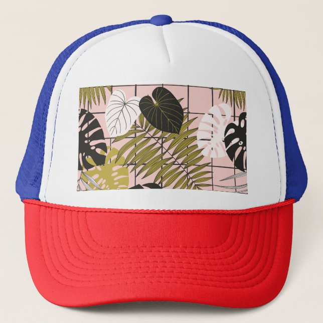 Boné Folhas tropicais, flores, padrão pintado à mão. (Frente)