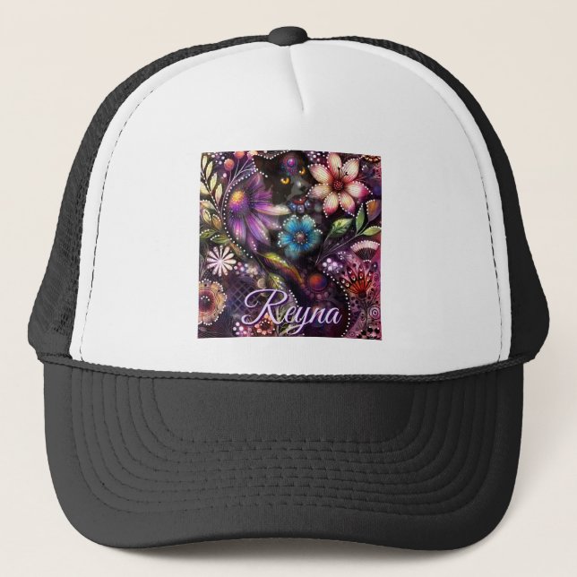 Boné Garden Kitty Cat Floral Abstract Personalized (Frente)