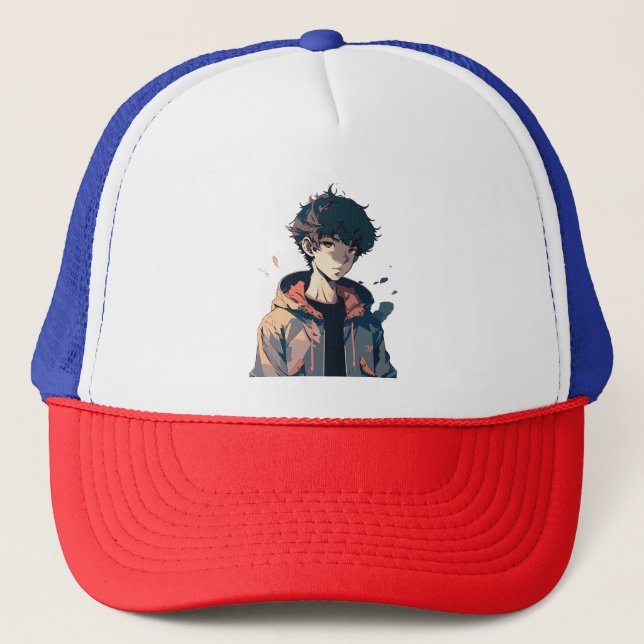 Boné Garoto de Mangá Elegante com Jaqueta Marrom (Frente)