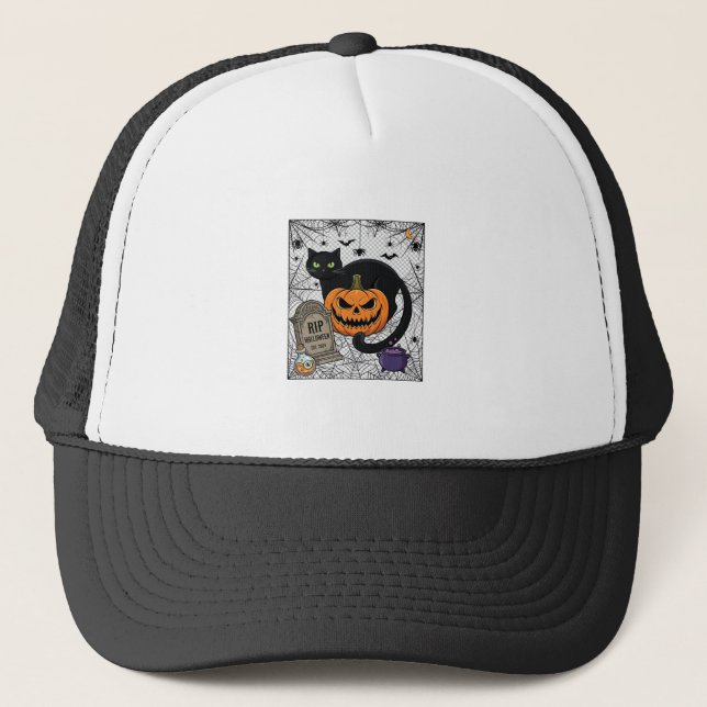 Boné Gatinho Preto do Halloween Abóbora Lápide Caldeirã (Frente)