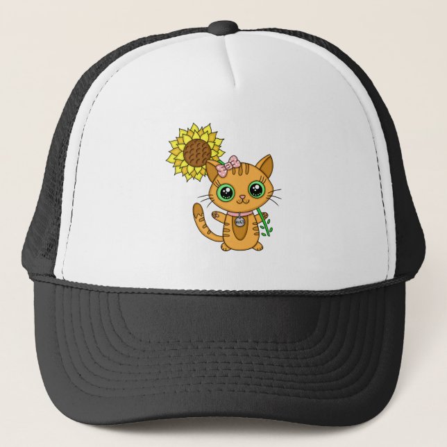 Boné Gato de Kawaii, Laranja, bonito, com girassol (Frente)