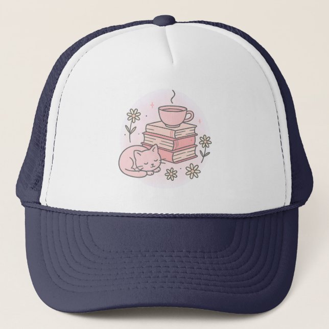 Boné Gato de Livros Rosa E Taça de Chá (Frente)