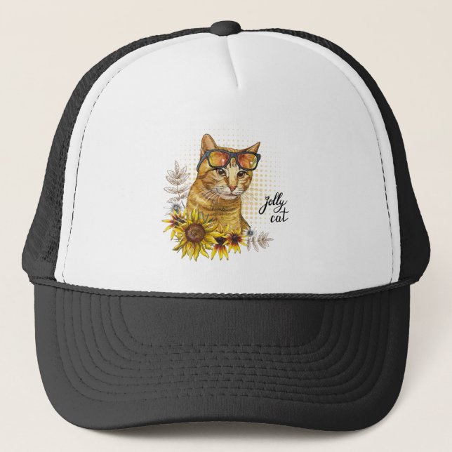 Boné Gato de mesa vermelho engraçado desenhado à mão em (Frente)