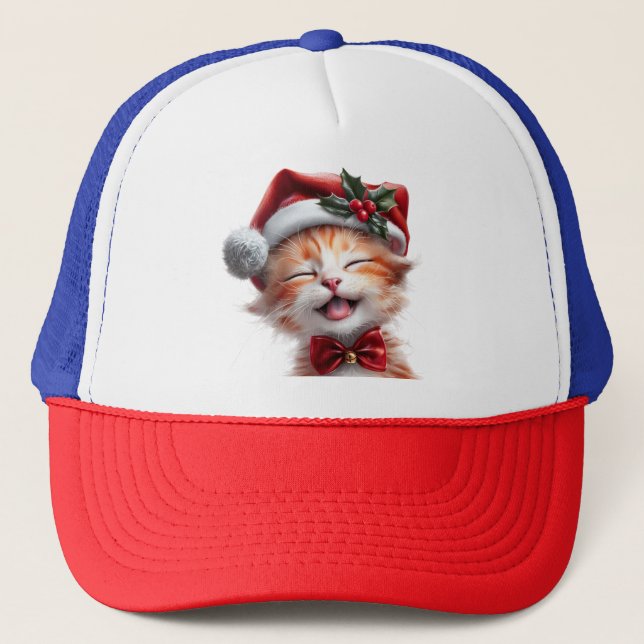 Boné Gato de Natal bonito com Chapéu Santa e Arco (Frente)