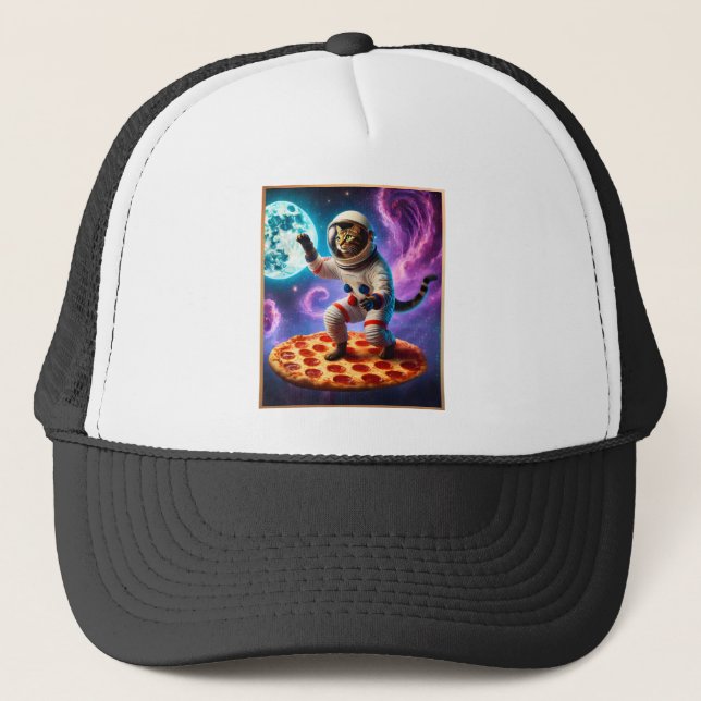 Boné Gato Engraçado Voando Uma Pizza Astronauta Espaço  (Frente)