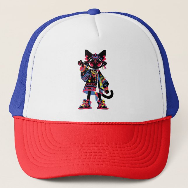 Boné Gato Kawaii Místico - Teto Espírito Tribal Colorid (Frente)