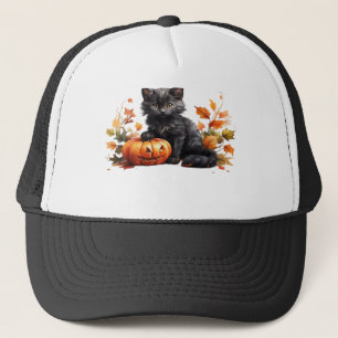 Boné Gato Preto e Abóbora Desenho de Halloween em Aquar