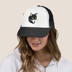 Boné Gato Preto e Branco Com Olhos Amarelos Brilhantes