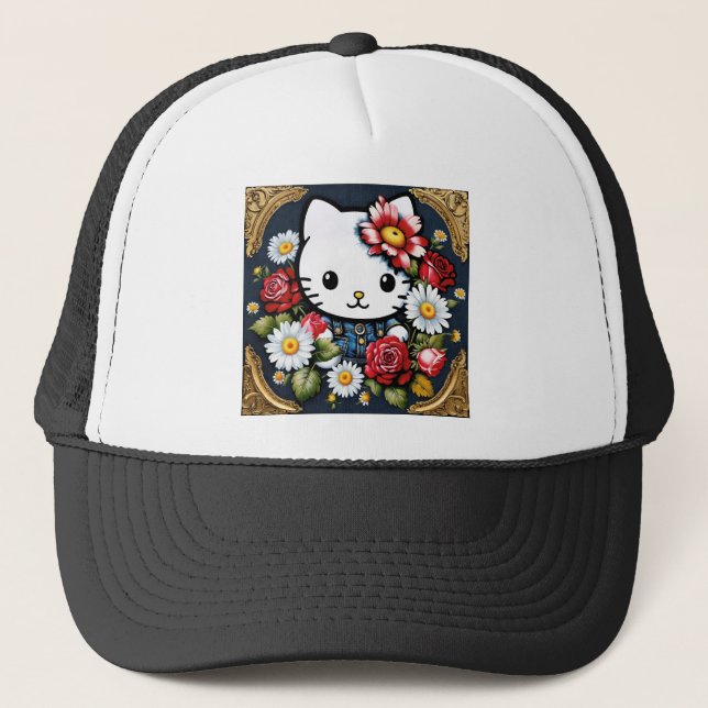 Boné Gato Retro Kawaii em Quadro Dourado com Flores (Frente)