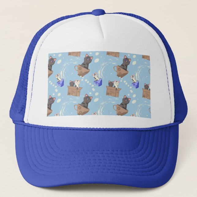 Boné Gatos na caixa e leite cai em azul (Frente)