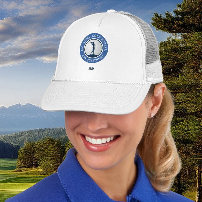 Boné Golf Personalizado Feminino Moderno Azul e Branco (Personalized Golf Women's Modern Blue & White Trucker Hat)