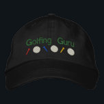 Boné Golfing Guru<br><div class="desc">Brincadeiras de golfe com texto dizendo Golfing. O bordado tem três camisetas de golfe e bolas. O texto pode ser alterado e personalizado por você.</div>