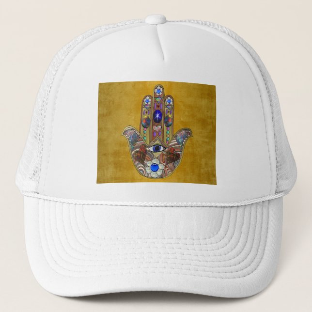 Boné Hamsa Hearts Flowers Opal Art em Dourado (Frente)