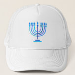 Boné Hanukkiah Happy Hanukkah Holiday Menorah<br><div class="desc">Símbolo Hanukkiah. Feliz Festa de Hanukkah Feriado Judeu Menorah Azul. Decoração de Feriado Judeu Chanukkah com o símbolo decorativo tradicional de Chanuka - Marinho Blue color hanukkiah menorah, candelabro com velas, estrela de David e ilustração azul neon brilhante. Festa de Chanucá das Luzes Decoração do Evento. Jerusalém, Israel. Acessórios >...</div>