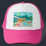 Boné Hat do caminhoneiro de Piscina retrô<br><div class="desc">Este design de Carro do Partido da Piscina RetroGay apresenta quatro beefques aterrorizados tendo gay enquanto batem no calor das Primaveras de Palma, descansando ao redor da água azul turquesa de sua piscina de natação em forma de bumerangue atômico. A arquitetura moderna do meio século, na fabulosa casa de pedra...</div>
