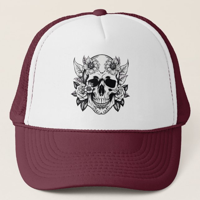Boné Hat do Caminhoneiro Floral Skull (Frente)