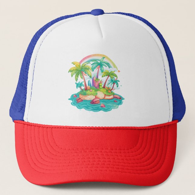 Boné Ilha Tropical com Palmeiras e Arco-Íris (Frente)