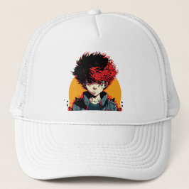 Boné Ilustração de Anime Boy: Cabelo Vermelho e Preto