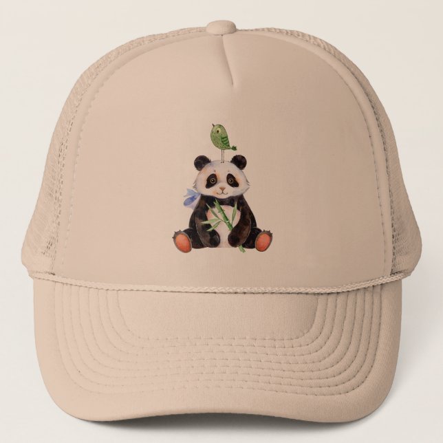 Boné Ilustração de Aquarelas Panda e Pássaro (Frente)