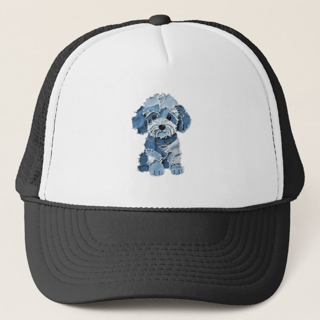 Boné Ilustração de Cachorro com Remendo de Jeans Fofo (Frente)