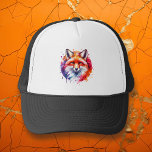 Boné Ilustração de Fox de Aquarela<br><div class="desc">Chapéu de ilustração da cor d'água da raposa com um espalhador de tinta abstrato em vermelho,  roxo,  laranja e azul.</div>