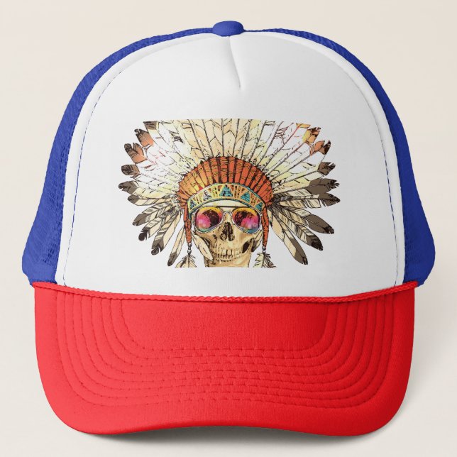 Boné Ilustração de Moda Nativa Americana do Crânio (Frente)