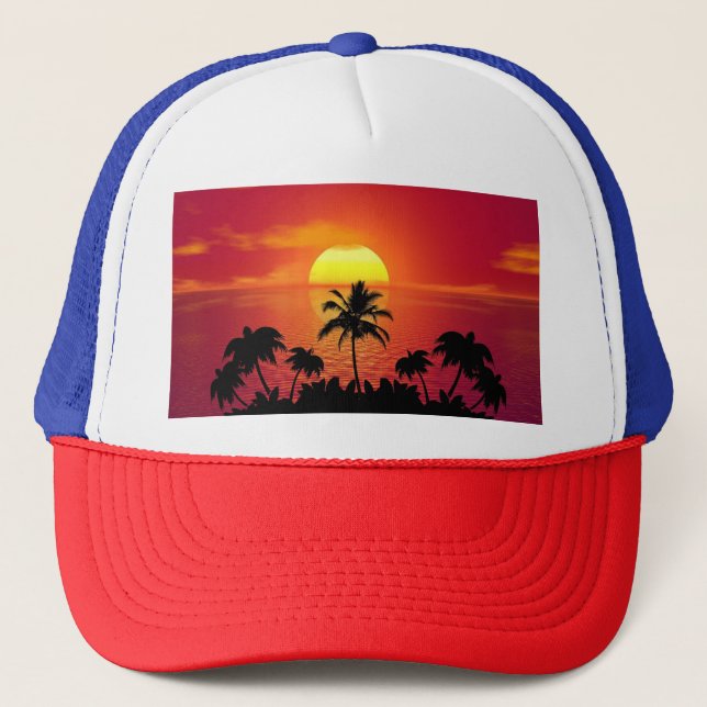 Boné Ilustração de Silhuetas de Palmeiras ao Pôr do Sol (Frente)