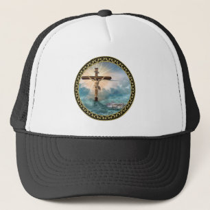Boné Jesus pendurado numa cruz de crucificação cristã.