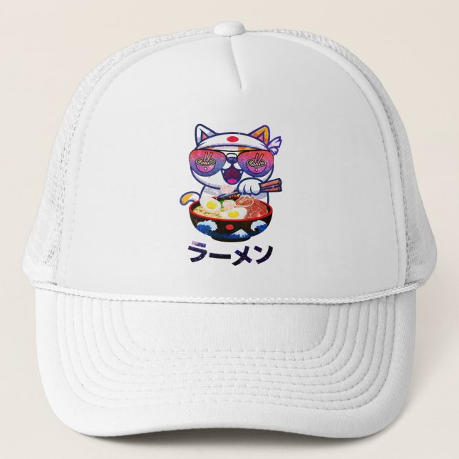 Boné Kawaii Cat Eating Ramen - Bonitos Noodles Japonese (Frente)
