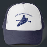 Boné Kayakers de Mensagens Personalizados Marinho Blue<br><div class="desc">Adicione seu próprio texto personalizado para criar uma lembrança de sua última aventura de caiaque, crie um presente personalizado para caiçaras ou apenas ria com seu próprio slogan engraçado. Este boné de baseball ou caminhoneiros que está pronto para a sua mensagem personalizada em letras azuis marinhos acima de uma ilustração...</div>