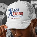 Boné Last Swing Before the Ring Baseball Bachelor Party<br><div class="desc">Step up to the plate with this last swing before the ring bachelor party trucker hat.  Designed in red and blue,  with a baseball player,  it's perfect for sports fans. Personalize it with the groom's name for a custom keepsake that is sure to be a home run.</div>