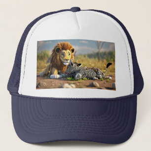 Boné Leão de desenho 3D comendo zebra - Cena selvagem d