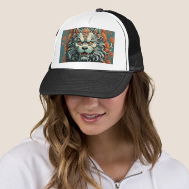 Boné Leão de Gripe da Sabedoria (Asian Lion Head  Hat – Vintage 50s Trucker Cap Southwest Mens Womens Unisex Gift)