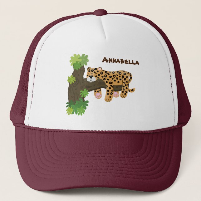 Boné Leopardo bonito dormindo em desenho animado de árv (Frente)