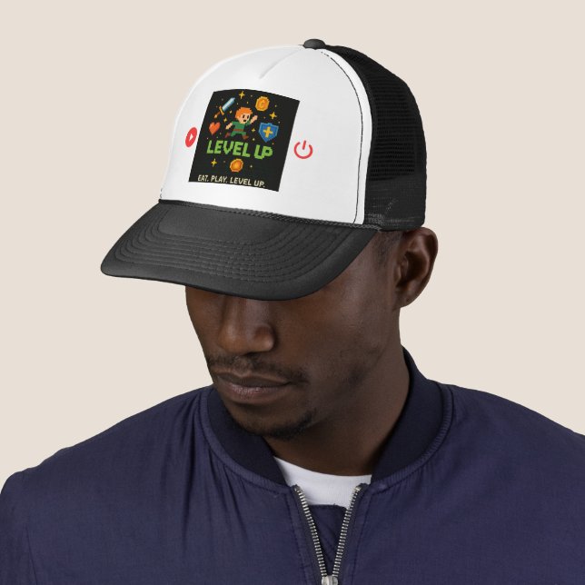 Boné Level Up Gamer Trucker Hat – Pixel Retro Style (In Situ)